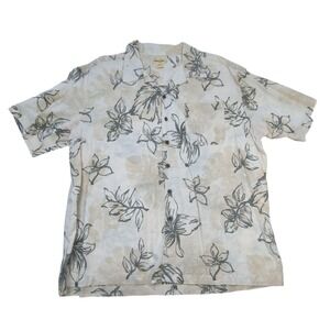 Panama Jack XXL ramie cotton blend men's button front shirt beige green floral